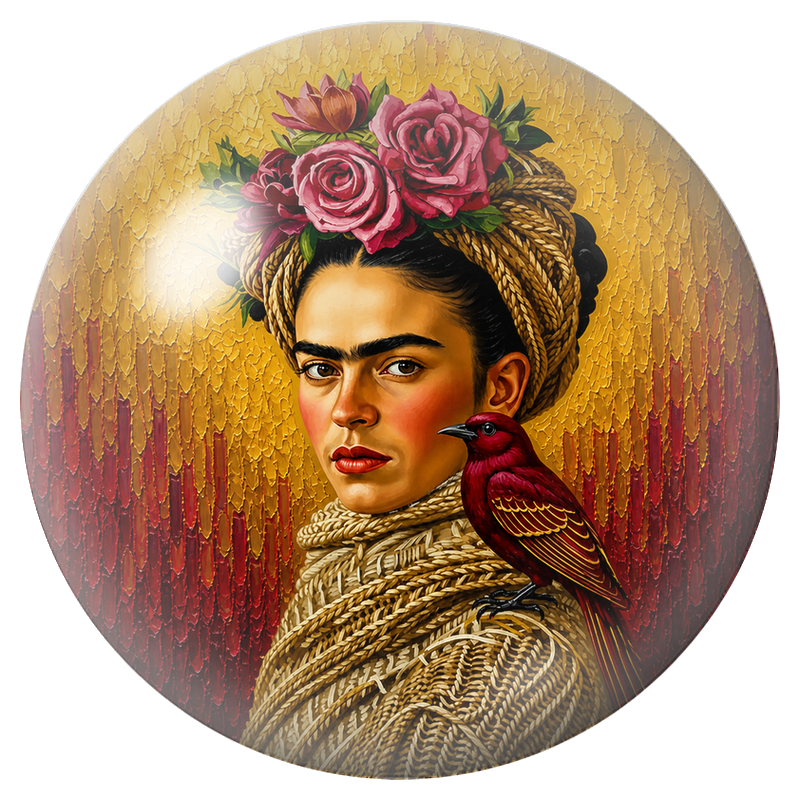 Cabochon en Verre Illustré Frida au Colibri sur Fond Doré 12 à 25mm