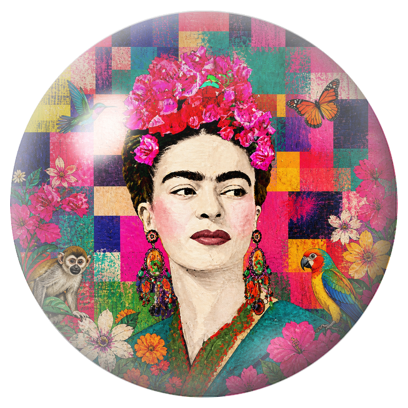 Cabochon en Verre Illustré Frida aux Animaux dans les Fleurs Colorées 12 à 25mm