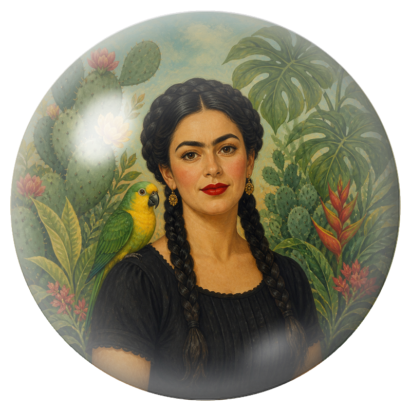 Cabochon en Verre Illustré Frida au Perroquet dans les Cactus 12 à 25mm