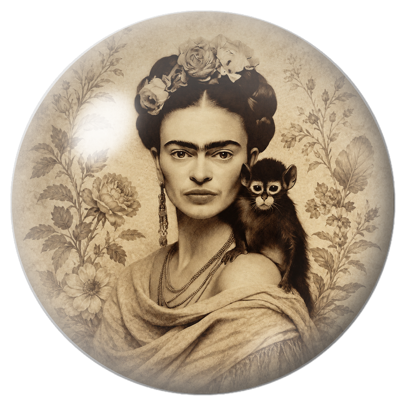 Cabochon en Verre Illustré Frida au Singe en Portrait Sépia 12 à 25mm