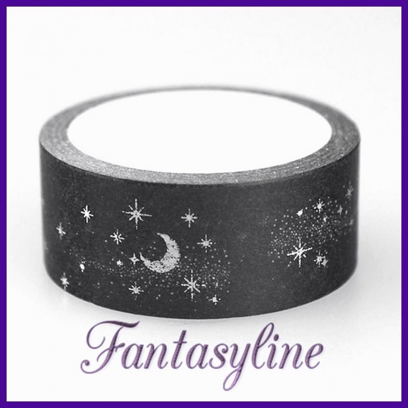 1 Rouleau de Masking Tape Washi Lunes et Étoiles Argentées 15mmx5m