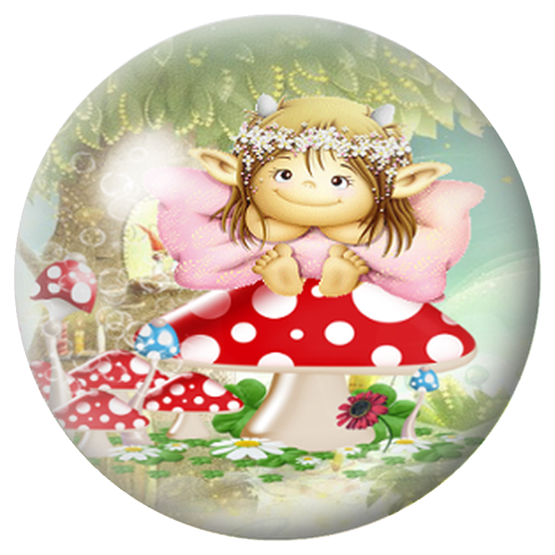 Cabochon en Verre Illustré Fée sur Champignon Rouge 12 à 25mm