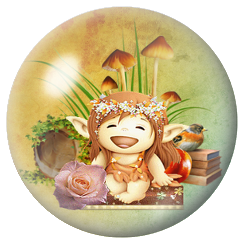 Cabochon en Verre Illustré Lutin Heureux aux Champignons 12 à 25mm