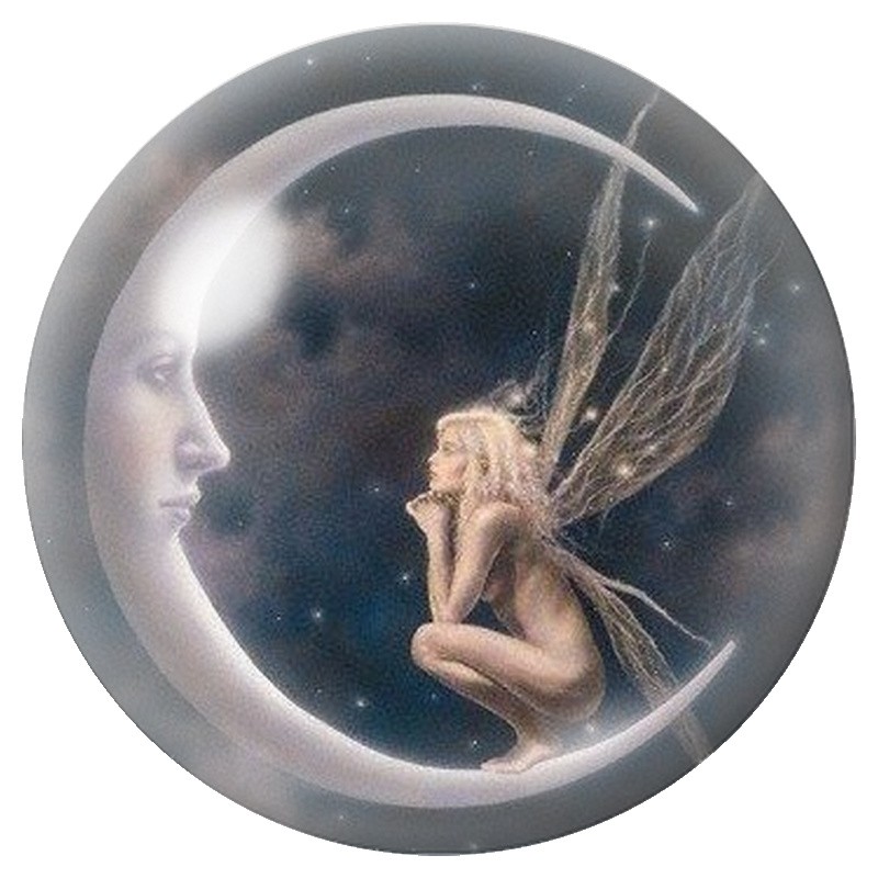 Cabochon en Verre Illustré Fée sur le Croissant de Lune 12 à 25mm