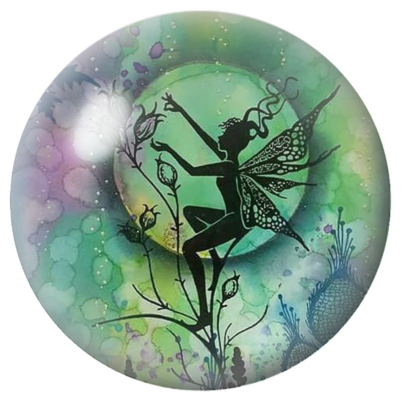Cabochon en Verre Illustré Fée Verte aux Arabesques 12 à 25mm