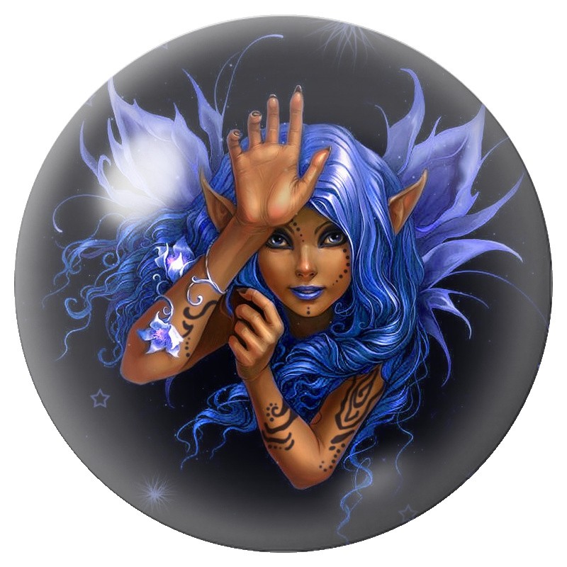 Cabochon en Verre Illustré Fée Bleue aux Tatouages 12 à 25mm