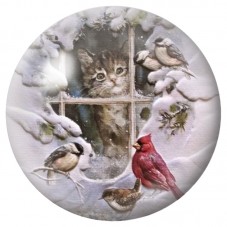 Cabochon en Verre Illustré Chat à la Fenêtre et Oiseaux d’Hiver 12 à 25mm pour la Création de Bijoux Fantaisie - DIY