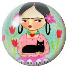 Cabochon en Verre Illustré Petite Frida Kahlo au Chat Noir 12 à 25mm pour la Création de Bijoux Fantaisie - DIY