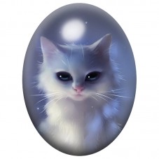 Cabochon en Verre Illustré Chat Blanc dans la Brume Bleue 13x18, 18x25 ou 30x40mm pour la Création de Bijoux Fantaisie - DIY