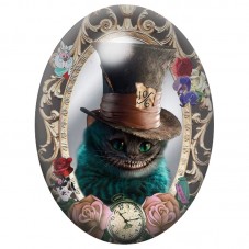 Cabochon en Verre Illustré Chat du Cheshire au Chapeau 13x18, 18x25 ou 30x40mm pour la Création de Bijoux Fantaisie - DIY