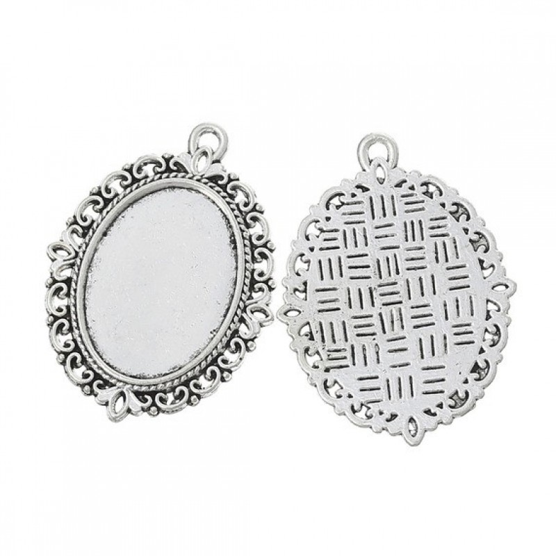 Support Pendentif Ajouré Argenté pour Cabochon Ovale 18x25mm