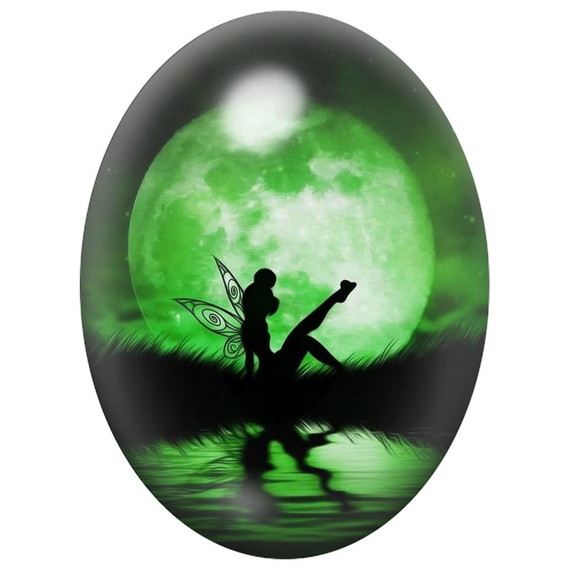 Cabochon en Verre Illustré Fée sous la Lune Verte 13x18, 18x25 ou 30x40mm