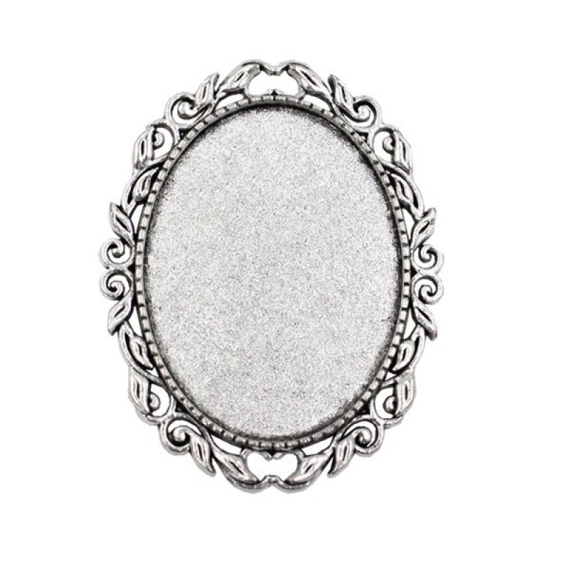 Support Broche Ornement Argenté pour Cabochon Ovale 30x40mm