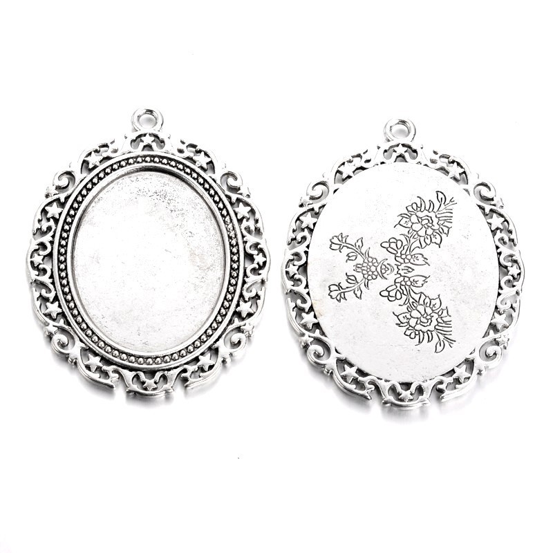 Support Pendentif Ornement Argenté pour Cabochon Ovale 30x40mm