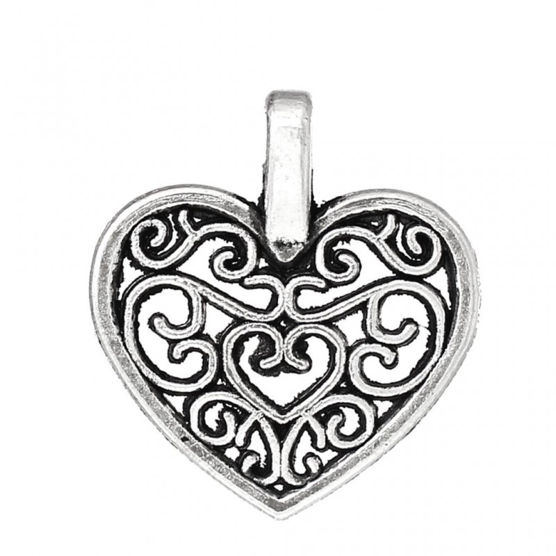 5 Breloques Coeur Ajouré Filigrane Argenté 14x16mm Saint Valentin