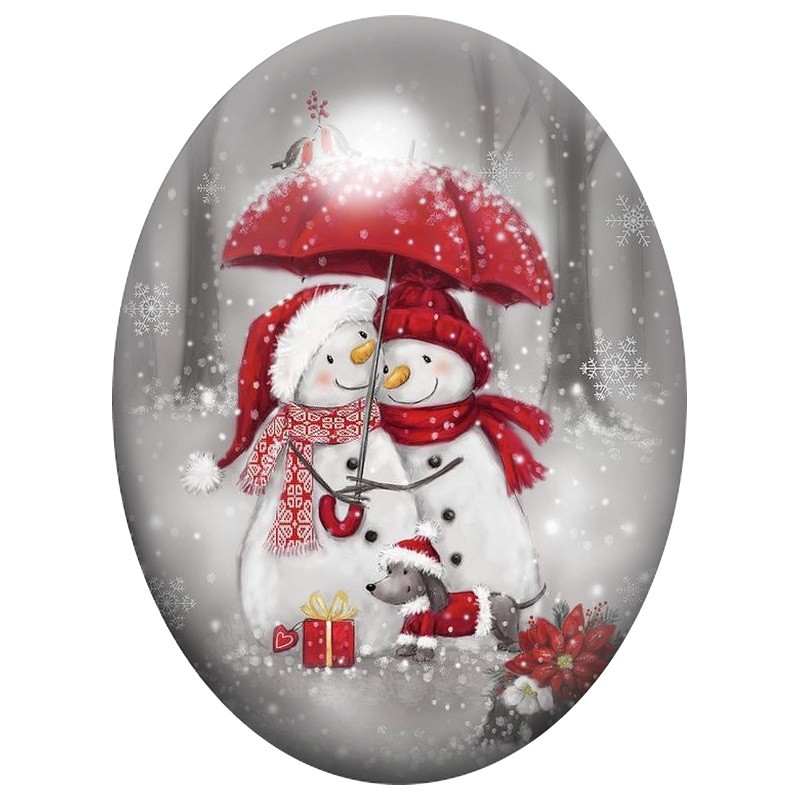 Cabochon en Verre Illustré Deux Bonhommes de Neige sous un Parapluie 13x18, 18x25 ou 30x40mm