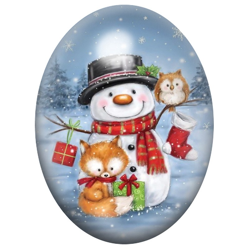 Cabochon en Verre Illustré Bonhomme de Neige avec les Animaux 13x18, 18x25 ou 30x40mm