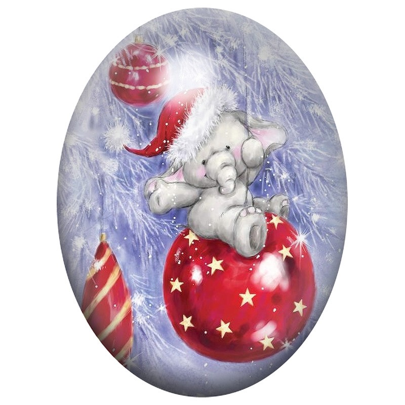 Cabochon en Verre Illustré Éléphant sur une Boule de Noël Rouge 13x18, 18x25 ou 30x40mm