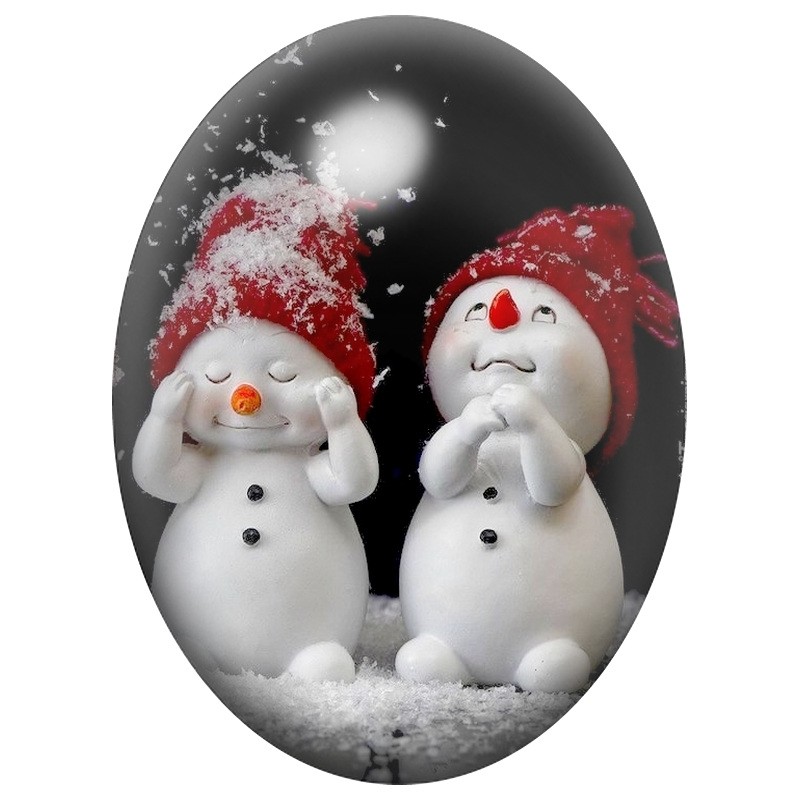 Cabochon en Verre Illustré Deux Bonhommes de Neige au Bonnet Rouge 13x18, 18x25 ou 30x40mm