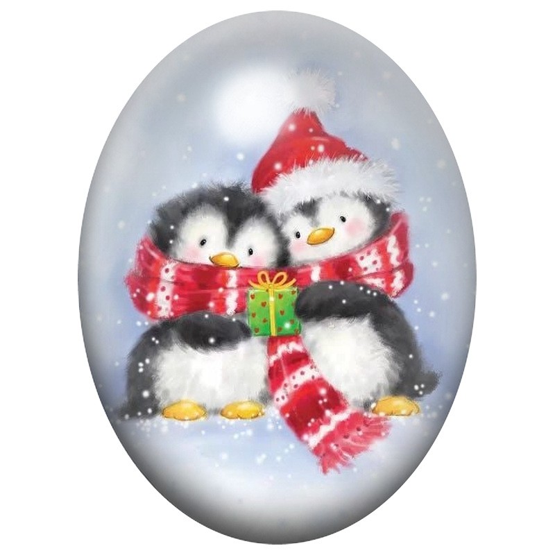 Cabochon en Verre Illustré Deux Pingouins avec un Cadeau 13x18, 18x25 ou 30x40mm