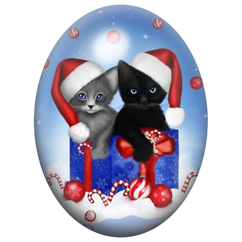 Cabochon en Verre Illustré Deux Chatons dans un Cadeau de Noël 13x18, 18x25 ou 30x40mm