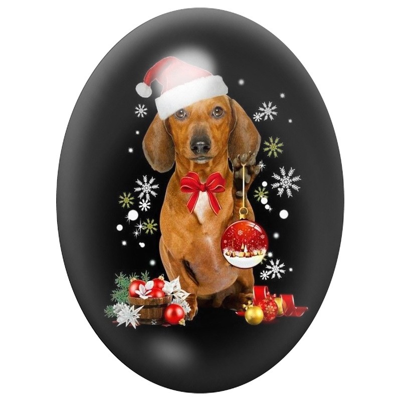 Cabochon en Verre Illustré Teckel au Bonnet de Noël 13x18, 18x25 ou 30x40mm