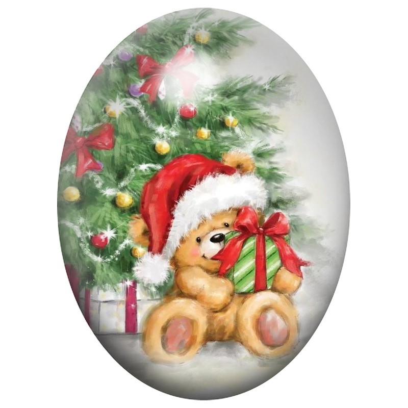 Cabochon en Verre Illustré Ourson au Cadeau sous le Sapin 13x18, 18x25 ou 30x40mm