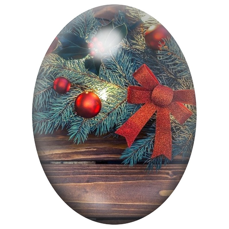 Cabochon en Verre Illustré Branche de Sapin au Nœud Rouge 13x18, 18x25 ou 30x40mm