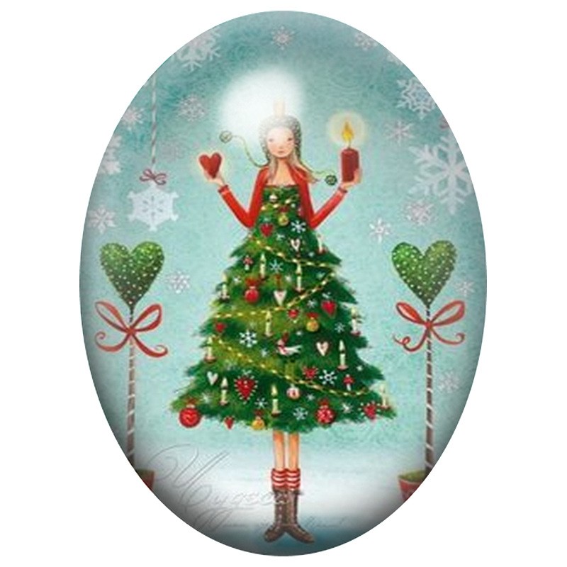 Cabochon en Verre Illustré Femme en Robe Sapin de Noël 13x18, 18x25 ou 30x40mm