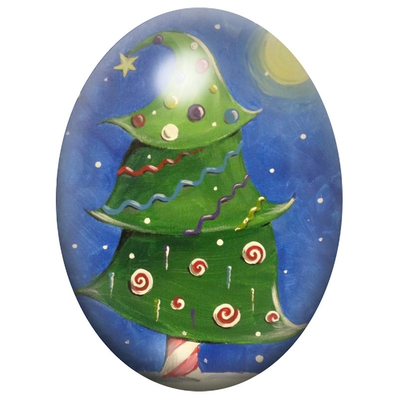 Cabochon en Verre Illustré Sapin Vert aux Spirales Colorées 13x18, 18x25 ou 30x40mm