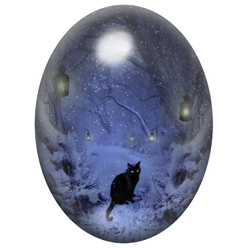 Cabochon en Verre Illustré Chat Noir dans la Nuit d’Hiver 13x18, 18x25 ou 30x40mm