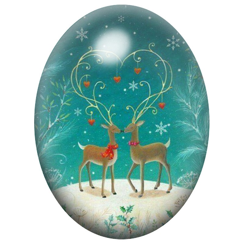 Cabochon en Verre Illustré Deux Rennes sous la Neige 13x18, 18x25 ou 30x40mm