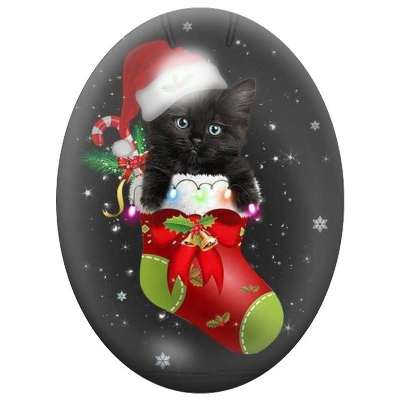 Cabochon en Verre Illustré Chat Noir dans une Chaussette de Noël 13x18, 18x25 ou 30x40mm