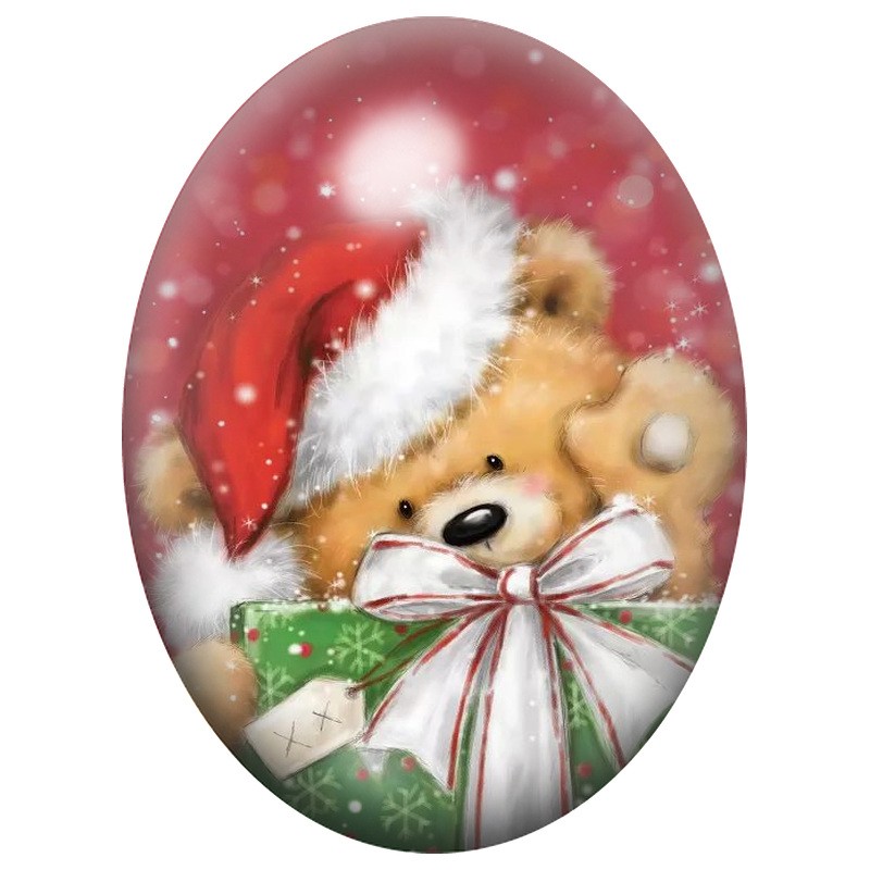 Cabochon en Verre Illustré Ourson dans un Cadeau de Noël 13x18, 18x25 ou 30x40mm
