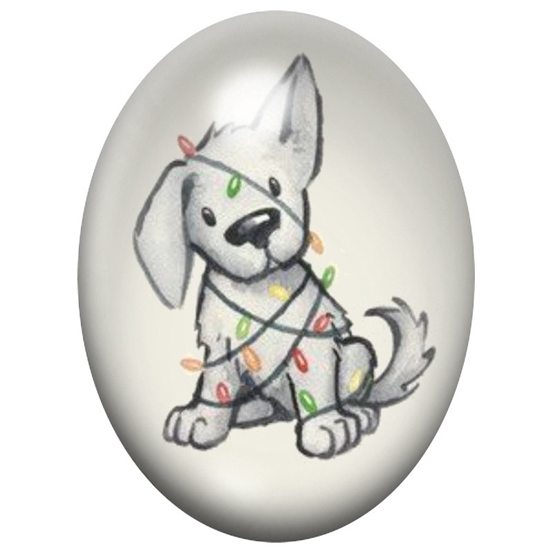 Cabochon en Verre Illustré Chien Pris dans une Guirlande de Noël 13x18, 18x25 ou 30x40mm