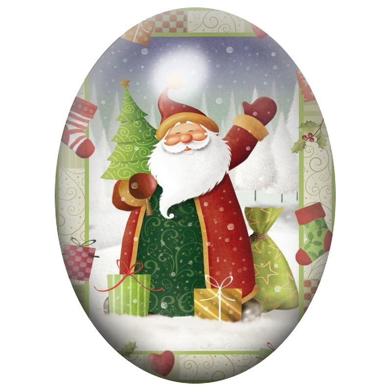 Cabochon en Verre Illustré Père Noël avec sa Hotte de Cadeaux 13x18, 18x25 ou 30x40mm