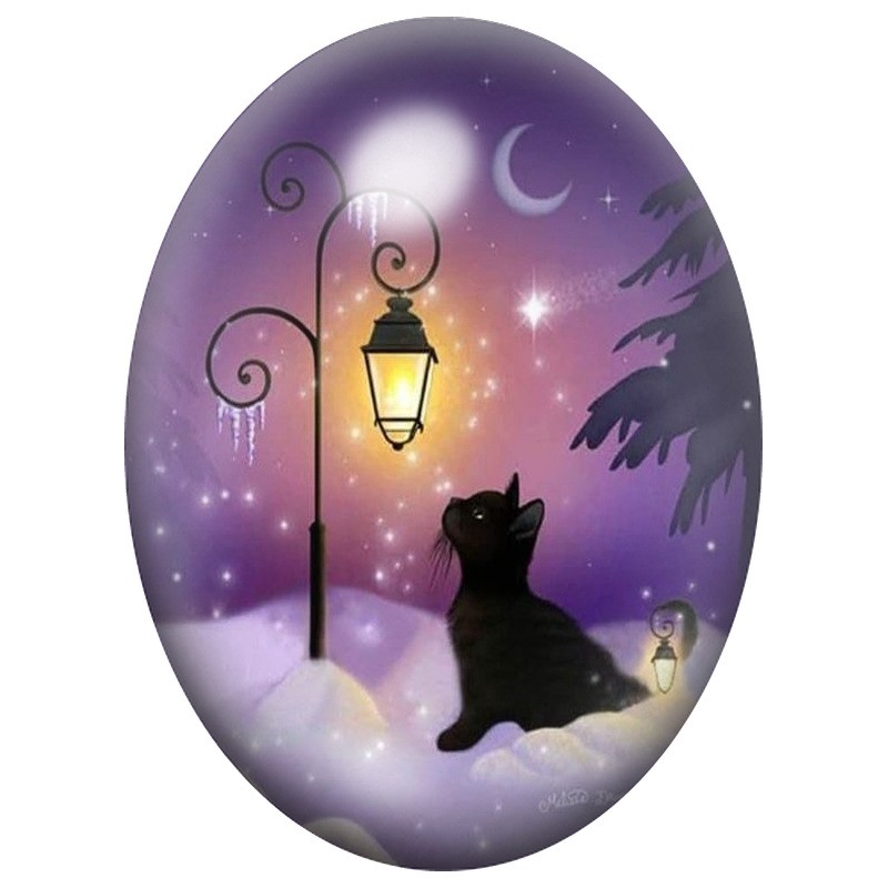 Cabochon en Verre Illustré Chat Noir sous un Réverbère de Noël 13x18, 18x25 ou 30x40mm