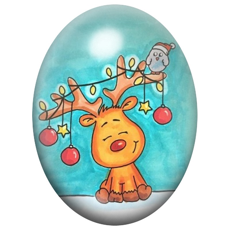 Cabochon en Verre Illustré Renne Pris dans une Guirlande Lumineuse 13x18, 18x25 ou 30x40mm