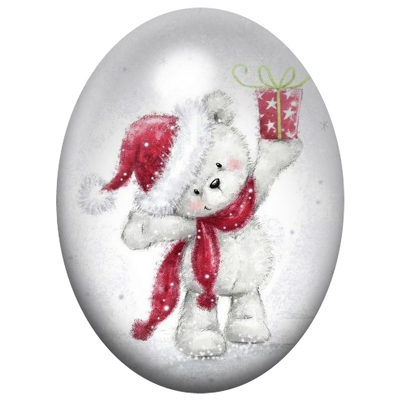 Cabochon en Verre Illustré Ours Blanc avec Cadeau de Noël 13x18, 18x25 ou 30x40mm