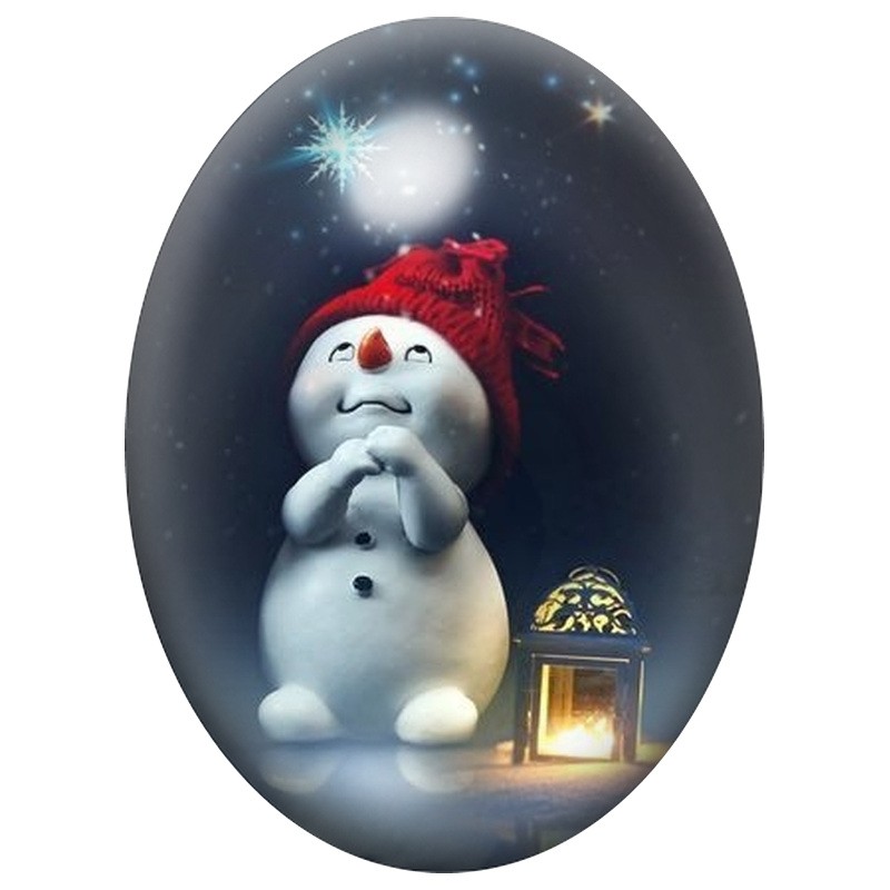 Cabochon en Verre Illustré Bonhomme de Neige à la Lanterne 13x18, 18x25 ou 30x40mm