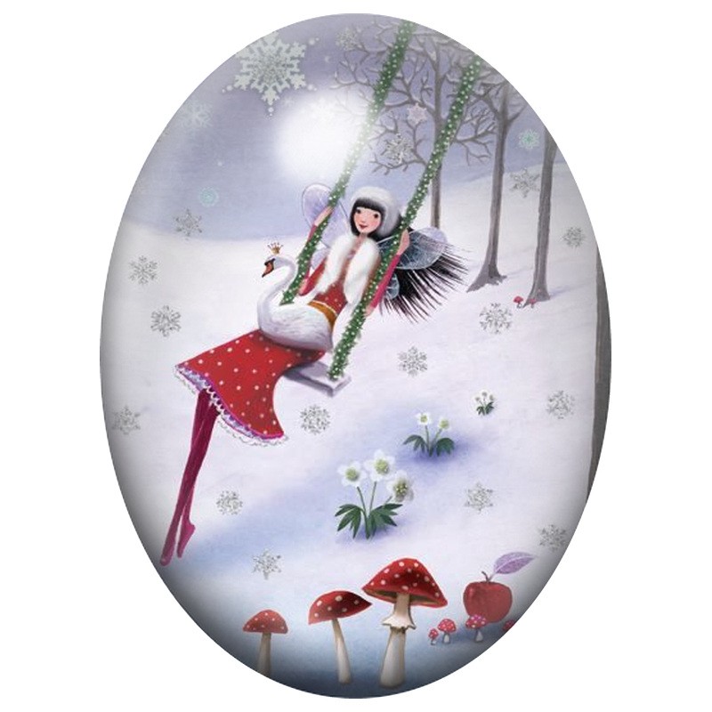 Cabochon en Verre Illustré Fée d’Hiver sur une Balançoire 13x18, 18x25 ou 30x40mm