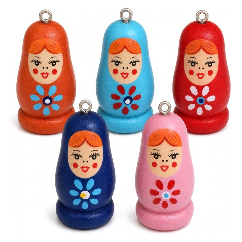 5 Breloques en Bois Poupée Russe 3,5x1,6cm
