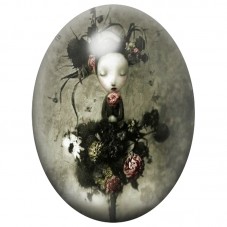 Cabochon en Verre Illustré Petite Fille Arbre aux Fleurs Sombres 13x18, 18x25 ou 30x40mm pour la Création de Bijoux Fantaisie - 