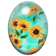 Cabochon en Verre Illustré Branche de Tournesols sur Fond Turquoise 13x18, 18x25 ou 30x40mm pour la Création de Bijoux Fantaisie