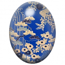Cabochon en Verre Illustré Fleurs Japonaises Dorées sur Fond Bleu 13x18, 18x25 ou 30x40mm pour la Création de Bijoux Fantaisie -