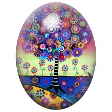 Cabochon en Verre Illustré Arbre Folk aux Fleurs Multicolores 13x18, 18x25 ou 30x40mm pour la Création de Bijoux Fantaisie - DIY