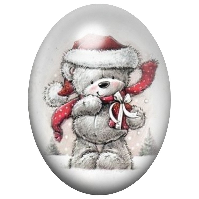 Cabochon en Verre Illustré Ourson de Noël au Bonnet Rouge 13x18, 18x25 ou 30x40mm