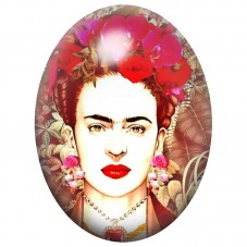 Cabochon en Verre Illustré Frida Kahlo aux Fleurs Rouges sur Fond Ornemental 13x18, 18x25 ou 30x40mm pour la Création de Bijoux 