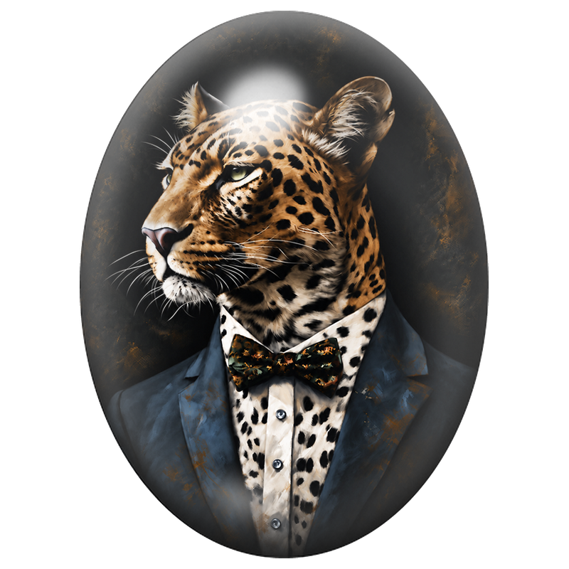 Cabochon en Verre Illustré Léopard Gentleman au Nœud Papillon 13x18, 18x25 ou 30x40mm