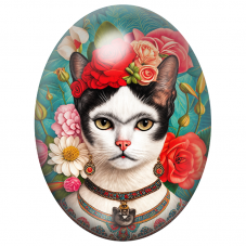 Cabochon en Verre Illustré Chat Frida Kahlo aux Roses Rouges 13x18, 18x25 ou 30x40mm pour la Création de Bijoux Fantaisie – DIY